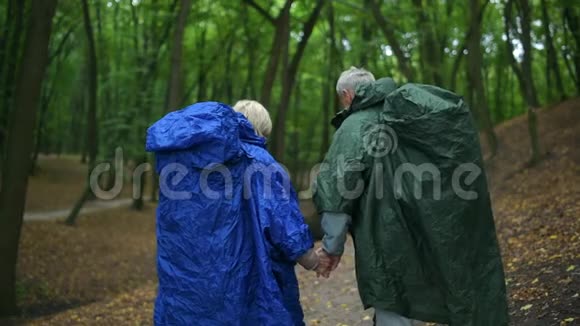 一对爱的老夫妇沿着他们在树林里的路线后景视频的预览图