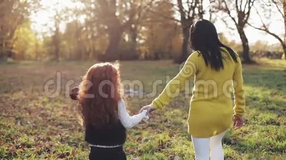 快乐的年轻母亲和她的小红发女儿一起在一个秋天的公园里散步他们笑着玩视频的预览图