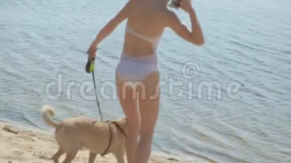 母女俩带着一只狗沿着河岸奔跑夏日阳光明媚家庭假日视频的预览图