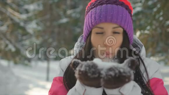在冬天快乐美丽的年轻女子从她的手中吹出雪花视频的预览图