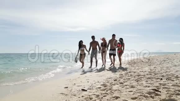 人们在沙滩上散步交谈年轻游客群体交流美丽的阳光景观视频的预览图