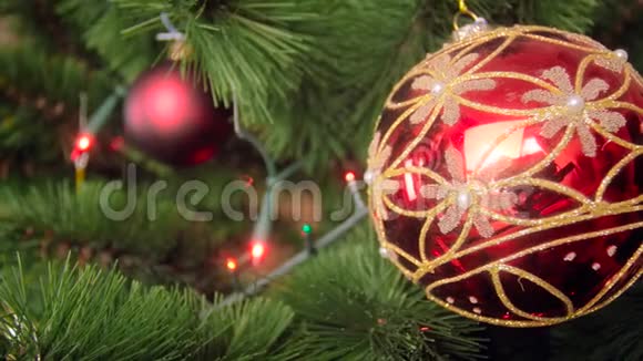 特写4k镜头在圣诞树树枝上放着闪亮的红色花苞和灯光花环视频的预览图