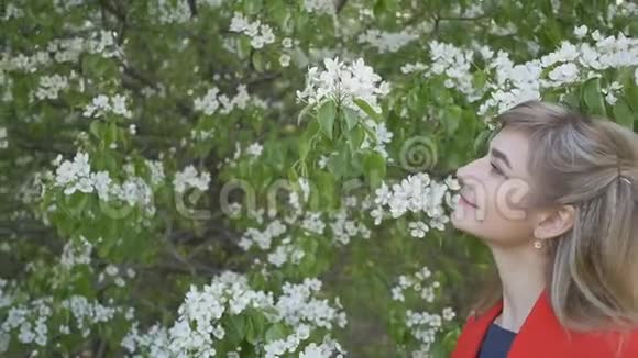 那个女孩闻着花园里一朵盛开的梨花视频的预览图
