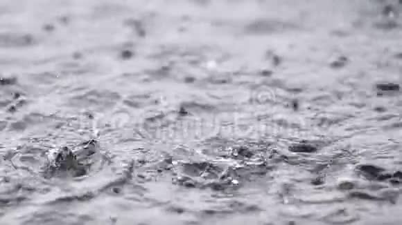 夏季雨水落入湖中180英尺时慢动作大雨近景视频的预览图