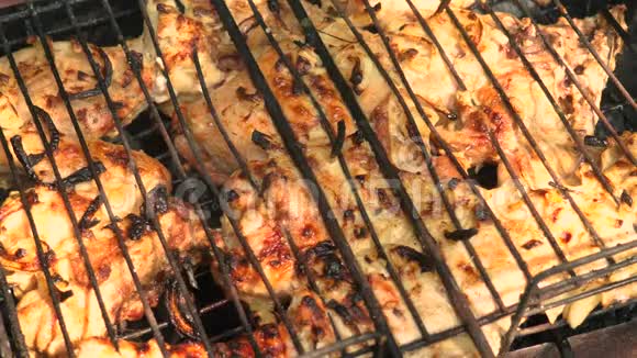 烧烤架上炸鸡肉户外活动视频的预览图