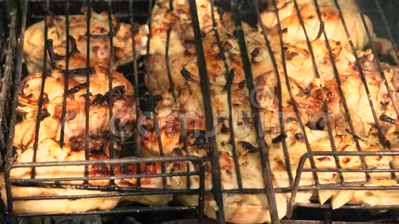烧烤架上炸鸡肉户外活动视频的预览图