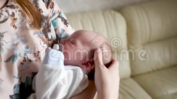 一个新生儿的肖像紧紧地贴在母亲乳房上紧贴着视频的预览图