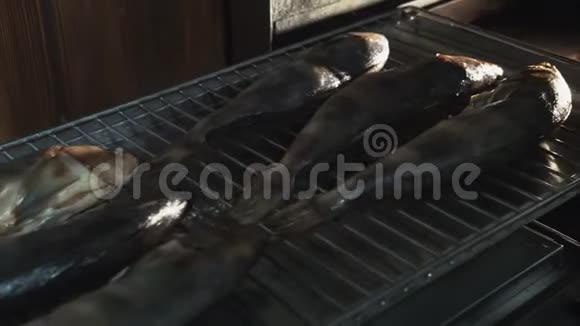 盐鱼躺在烤架或炉排里放在烟屋或烟炉里吸烟视频的预览图