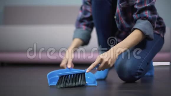 年轻的家庭主妇用刷子和簸箕清洁一尘不染的地板卫生很好视频的预览图