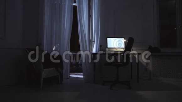 电脑屏幕在窗台上的公寓猫中发光窗帘在风中摇动视频的预览图