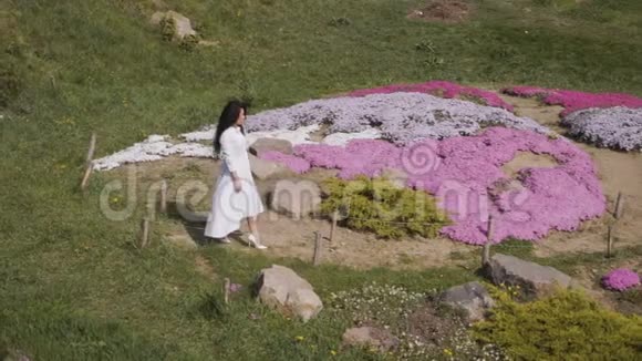 一位穿着白色长裙的美女在植物园散步视频的预览图