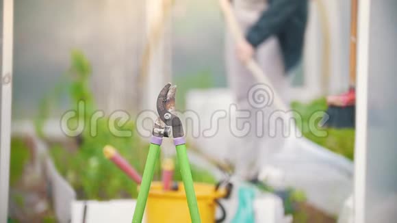 花园剪刀在背景女孩工作耙夏日视频的预览图