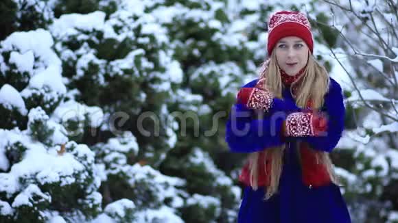 美丽的女孩冻在冬天的森林里视频的预览图