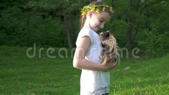 金发女孩抱着她的豚鼠宠物动物在外面手持流畅的镜头夏天视频的预览图