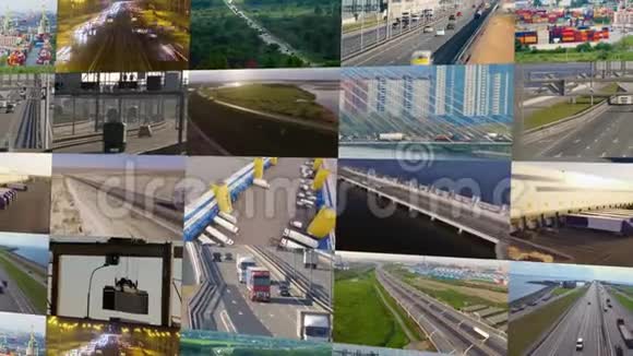 卡车和运输拼贴高速公路和送货仓库视频的预览图