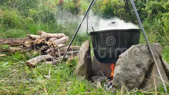 在篝火旁用旅游锅煮户外美食在野外徒步旅行时在燃烧的火焰中准备野营食物的过程视频的预览图