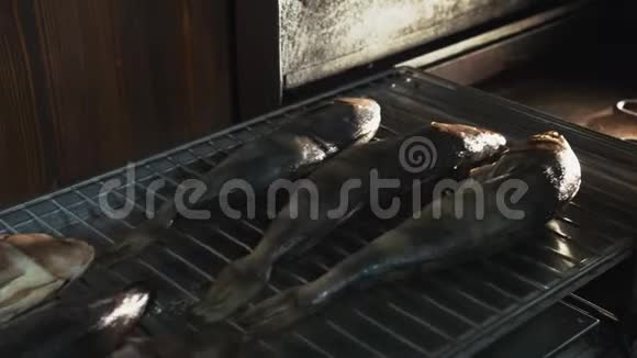 盐鱼躺在烤架或炉排里放在烟屋或烟炉里吸烟视频的预览图