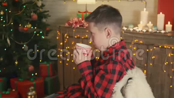 小男孩在圣诞夜喝热巧克力视频的预览图