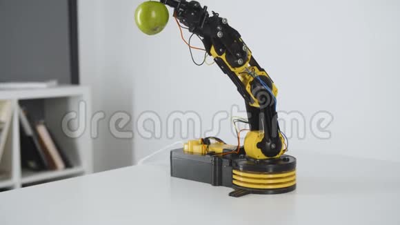 机器人手臂给女孩一个苹果用智能机械手进行实验工业机器人模型视频的预览图