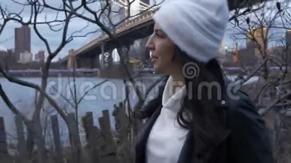 纽约布鲁克林大桥年轻女子沿着哈德逊河散步视频的预览图