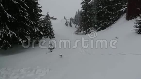 一条在白雪覆盖的森林中的小路通向一座孤独的房子视频的预览图