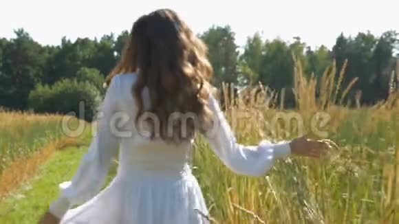 一个穿着白色连衣裙的年轻漂亮的女人正在一片麦田上旋转慢动作视频的预览图
