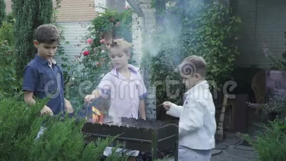 小男孩在烧烤架里玩火视频的预览图