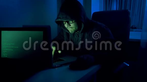有趣的4k镜头年轻男性假装是黑客天啊戴帽子的人晚上在用笔记本电脑视频的预览图