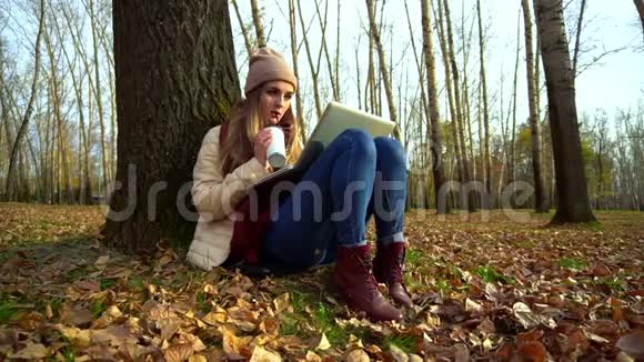 迷人的年轻女孩在秋天公园的树下坐在地上在笔记本电脑里喝咖啡视频的预览图