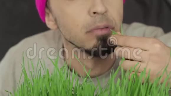 戴着亮帽子的素食主义者吃青草视频的预览图