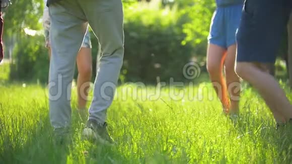 夏日在草地上跳舞的年轻朋友的腿视频的预览图