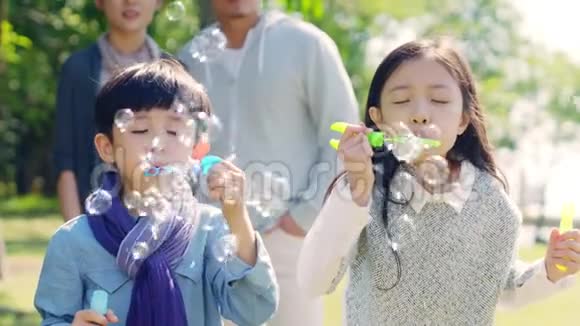 有两个孩子的亚洲家庭在公园放松视频的预览图