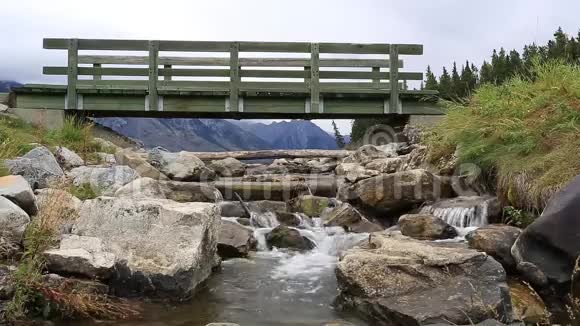 加拿大阿尔伯塔省班夫落基山脉约翰逊湖上的一座桥视频的预览图