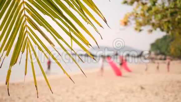 年轻的朋友们沿着沙滩奔跑热带岛上有充气式的空中沙发吊床4K泰国普吉岛视频的预览图