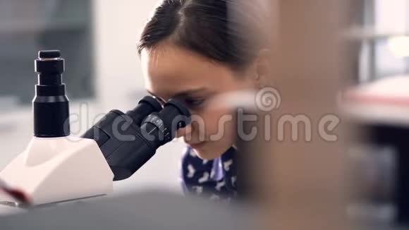 一位女化学家看着显微镜视频的预览图