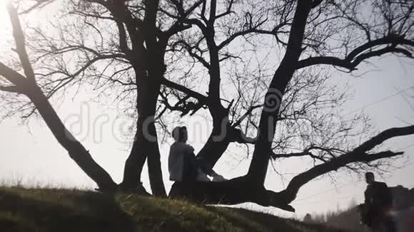 他走近一个坐在公园树上的孤独女孩他给女朋友带了条毯子和茶视频的预览图