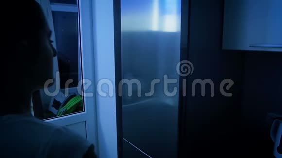 女子夜间从冰箱取牛奶的慢动作录像视频的预览图