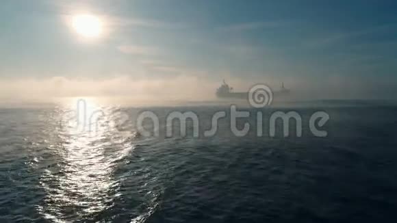 货运集装箱船在海雾中航行为运送集装箱而工作的吊车视频的预览图