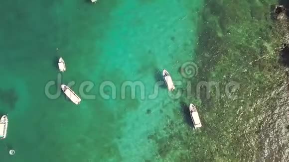 海船在蓝水顶上航行从上面的飞行无人驾驶飞机在绿松石的海水中航行船舶和船舶视频的预览图