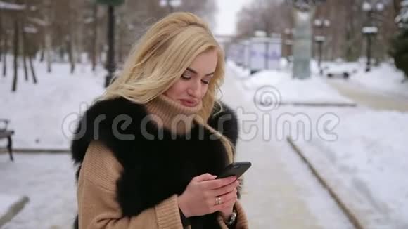 冬天公园里快乐的女孩在打电话视频的预览图