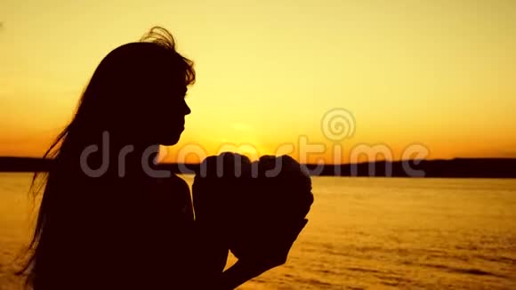 在美丽的夕阳下女孩的剪影紧紧地抓住大海美丽的女孩在夕阳下抱着心视频的预览图