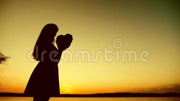 在美丽的夕阳下女孩的剪影紧紧地抓住大海美丽的女孩在夕阳下抱着心视频的预览图