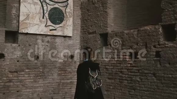 年轻美丽的游客在意大利罗马的Palatine山考虑到古色古香的美学墙画视频的预览图