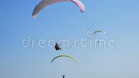 许多滑翔伞在飞行剪影人滑翔伞滑翔伞飞行体验跳伞夏季视频的预览图