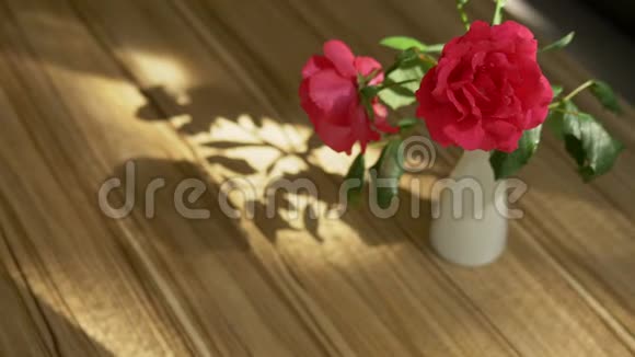 一束可爱的玫瑰和自由的花以及桌上的影子被阳光透过窗帘照亮视频的预览图