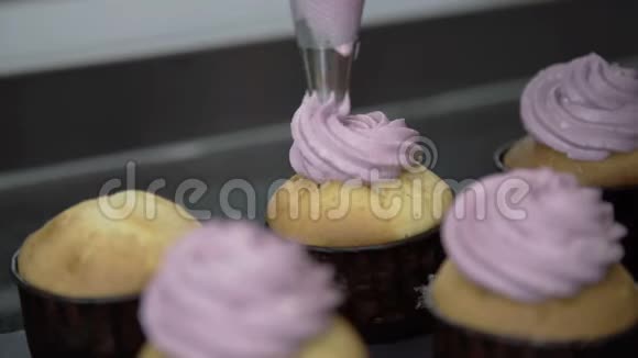 把蓝莓奶油放在美味的蛋糕上关门视频的预览图