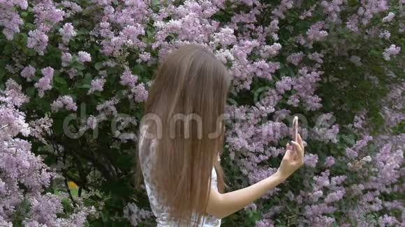 一个年轻漂亮的女孩正在欣赏一丛美丽的丁香花在智能手机上自拍夏日好心情视频的预览图