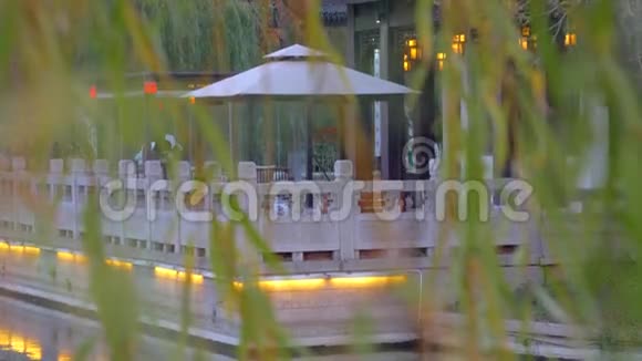 湖上的中国凉亭透过树叶眺望视频的预览图