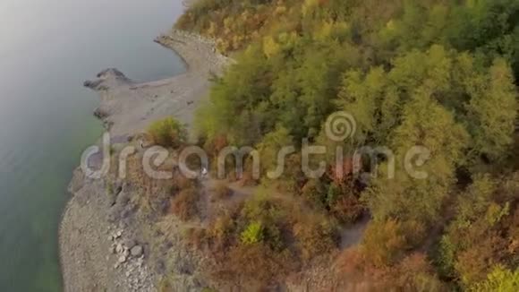 新娘和新郎站在陡峭的风景如画的河岸上对着一片美丽的森林空气视野视频的预览图
