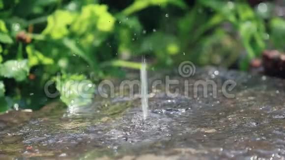 雨点落在花园里的花岗岩上水滴滴在潮湿的石头上视频的预览图